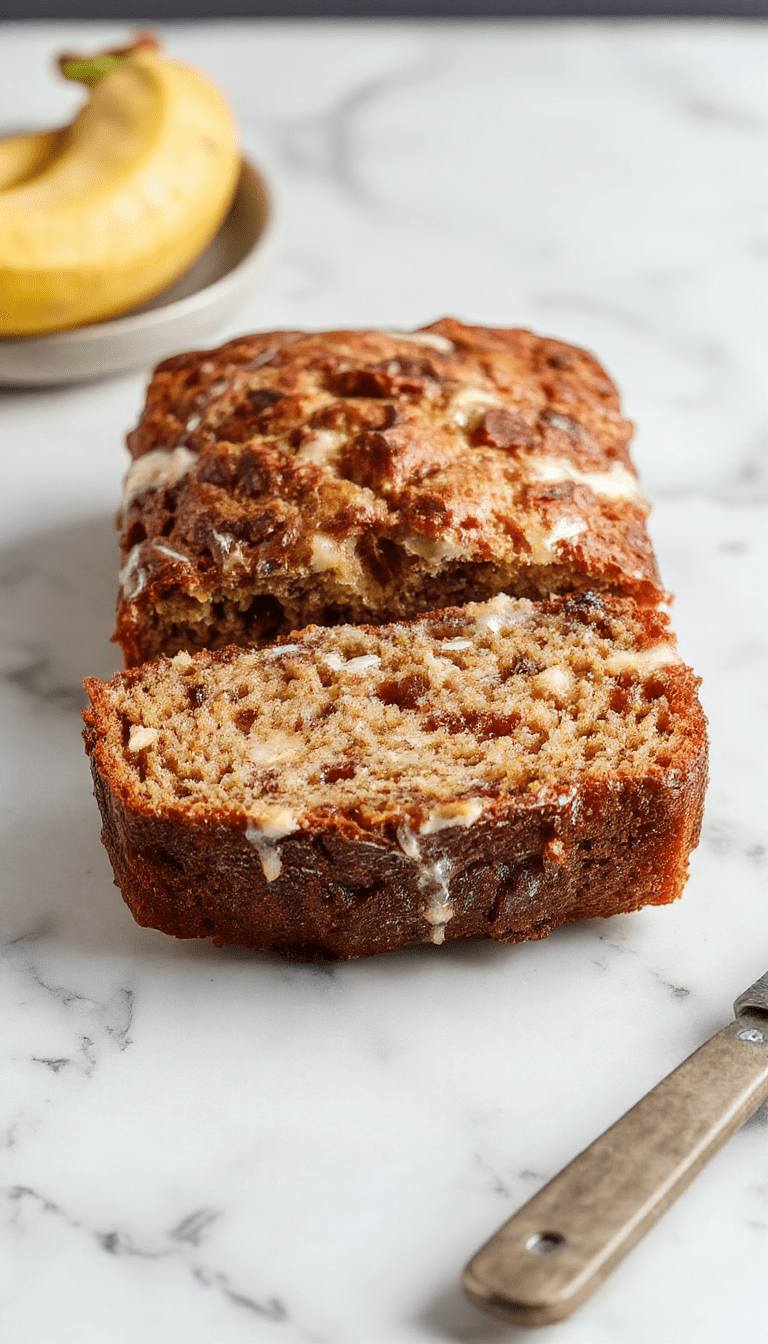 A freshly baked loaf of perfectly moist banana bread sliced open, revealing its soft, moist interior and golden crust, garnished with a few banana slices on top.