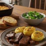 A plate of hearty One-Pan Beef & Potato Bake displayed in a cozy home kitchen setting, showing cooked beef, sliced potatoes, and herbs on a rustic dinner plate, ideal for comfort food lovers.