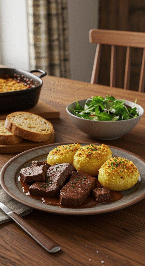 A plate of hearty One-Pan Beef & Potato Bake displayed in a cozy home kitchen setting, showing cooked beef, sliced potatoes, and herbs on a rustic dinner plate, ideal for comfort food lovers.