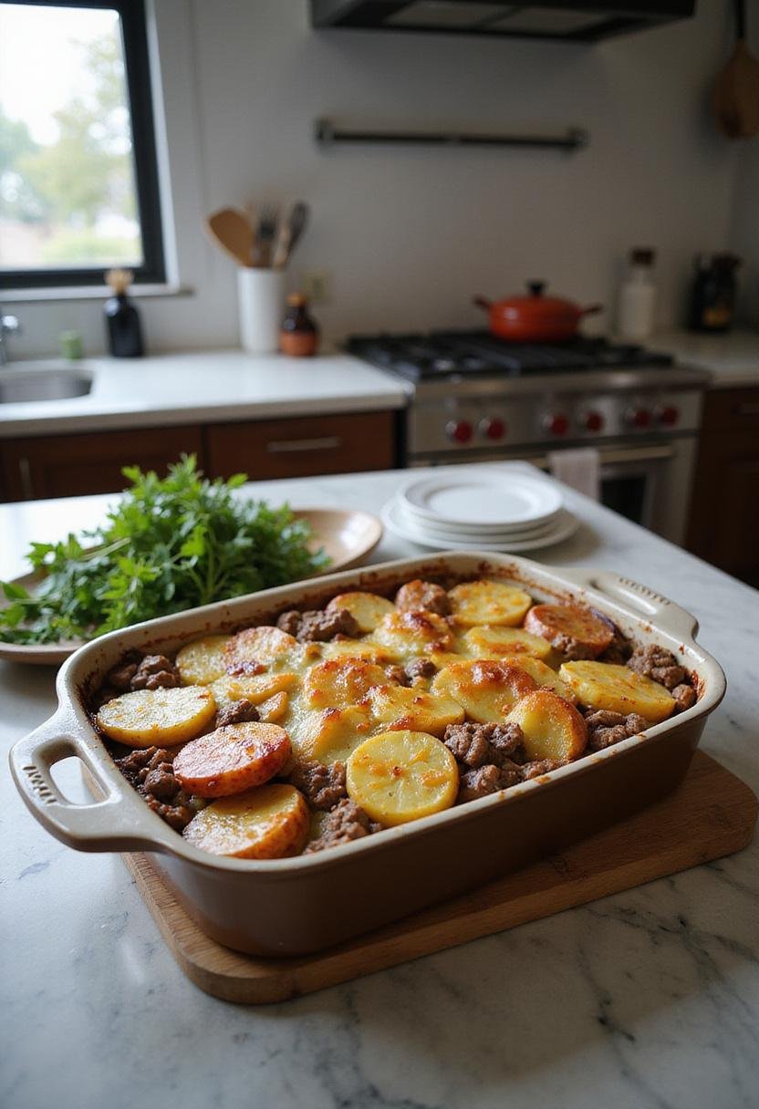 A kitchen scene featuring a freshly baked One-Pan Beef & Potato Bake in a baking dish, showing crispy edges, beef and potato layers, set in a modern kitchen environment with utensils and ingredients around.
