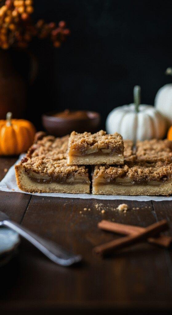 Close-up of Ultimate Fall Apple Crisp Shortbread Bars on a wooden table in a cozy home setting, showcasing their layered apple and shortbread topping, surrounded by autumn decorations for a warm, inviting look.