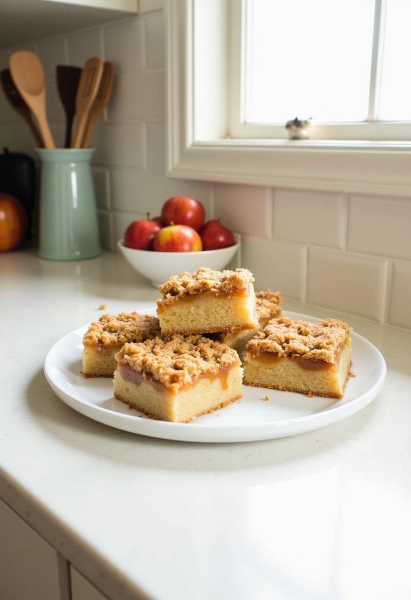 Ultimate Fall Apple Crisp Shortbread Bars on a kitchen countertop with a tiled backsplash, showing their golden apple filling and crispy shortbread topping, with a bright kitchen setting and fresh apples nearby for natural ambiance.