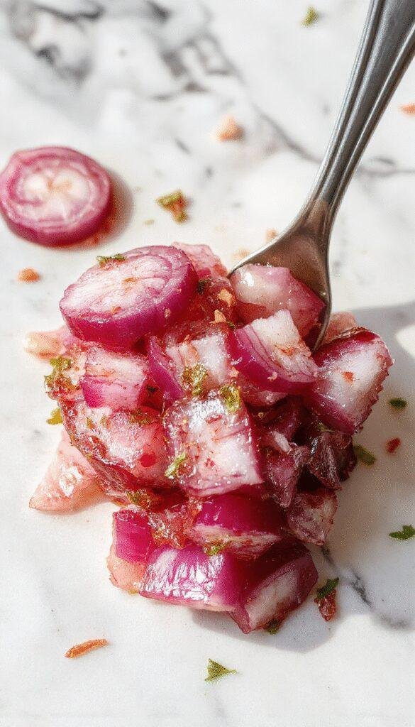 A jar of vibrant pickled red onions with slices of onions submerged in vinegar, placed on a wooden table with a spoon nearby.