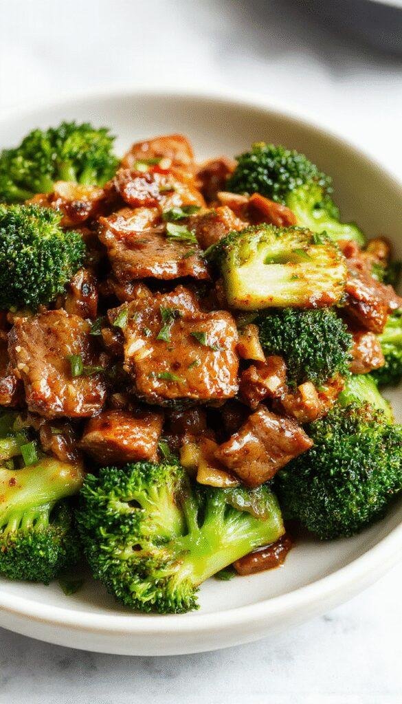 A colorful plate of beef and broccoli stir-fry with sliced beef, vibrant broccoli florets, and a savory sauce drizzled on top, served on a white plate.