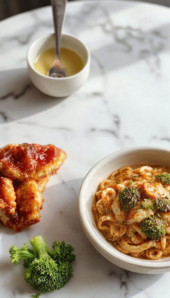 A vibrant plate of broccoli pasta dinner featuring al dente pasta tossed with fresh broccoli florets and a light garlic sauce.