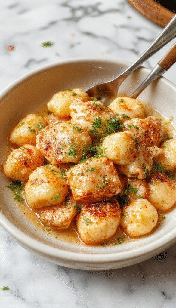 A steaming bowl of Crack Chicken and Gnocchi garnished with fresh herbs on a rustic wooden table