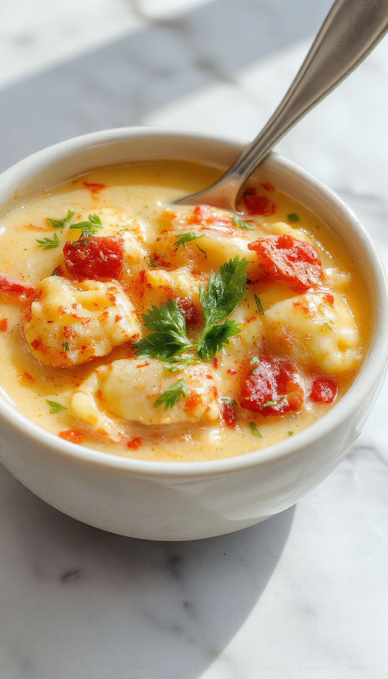 A steaming bowl of creamy ravioli soup with fresh herbs and grated cheese on top, served in a white bowl on a rustic wooden table.