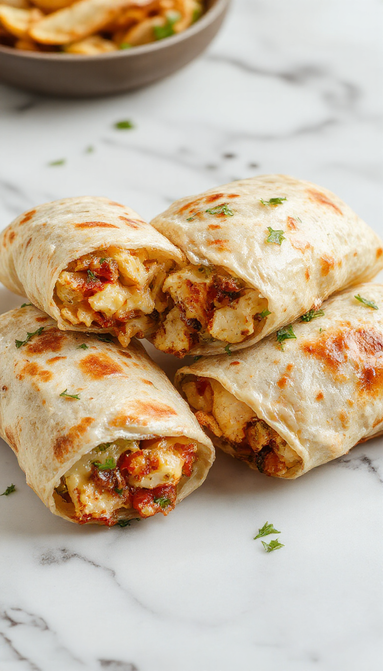 A close-up of crispy garlic chicken and melted cheese wrapped in a golden tortilla, ready to serve as a quick snack or meal.