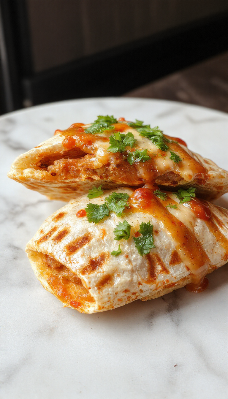 A close-up of a crispy 20-Minute Smashburger Quesadilla sliced in half, showing melted cheese, seasoned beef, and golden tortilla crust.