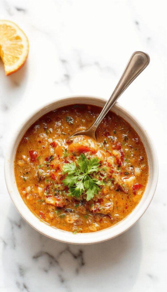 A steaming bowl of vibrant orange vegan lentil soup garnished with fresh herbs, served with crusty bread on a rustic table.