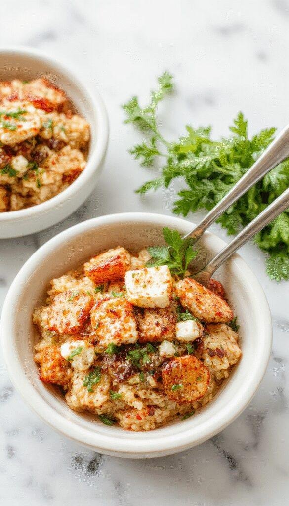 A vibrant 30-Minute Greek Rice Bowl featuring fluffy rice topped with fresh vegetables, grilled chicken, olives, and feta cheese, garnished with herbs.