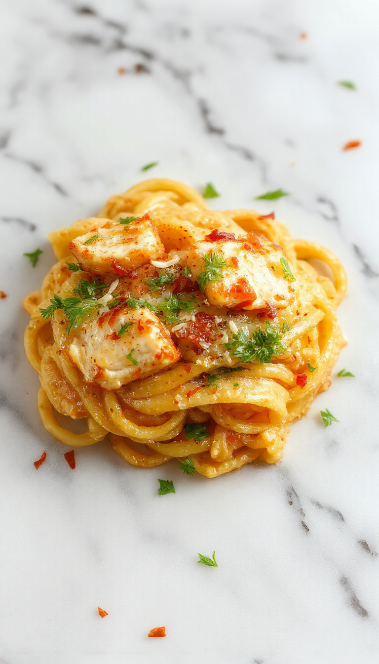 A delicious plate of Marry Me Chicken Pasta garnished with fresh herbs, showcasing creamy sauce and colorful pasta onto a rustic wooden table.