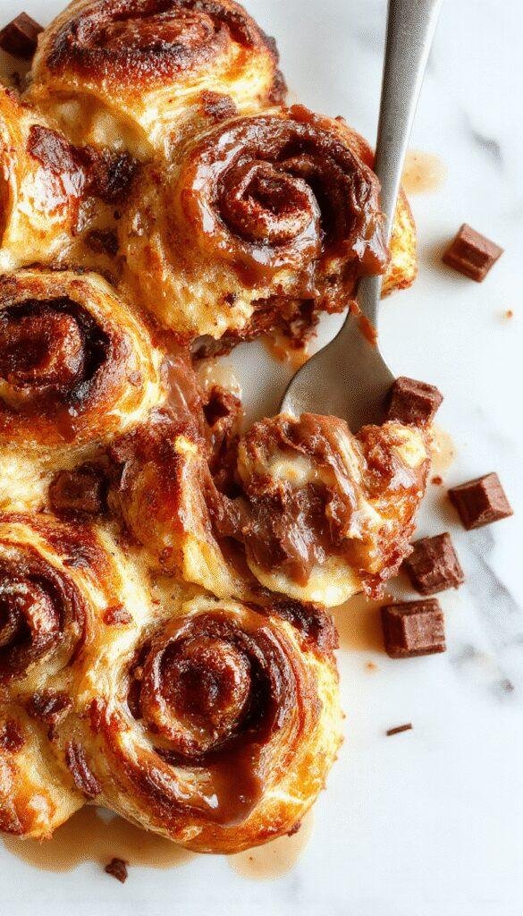 A delicious 5-ingredient chocolate croissant casserole with golden-brown baked croissants topped with melted chocolate and powdered sugar, served in a baking dish.