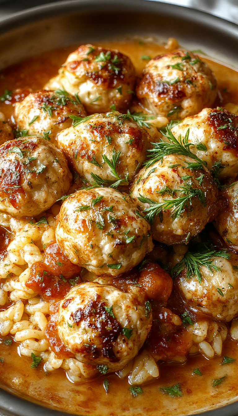 Golden baked rosemary chicken meatballs served over a bed of vibrant tomato orzo, garnished with fresh herbs in a cozy one-pan dish