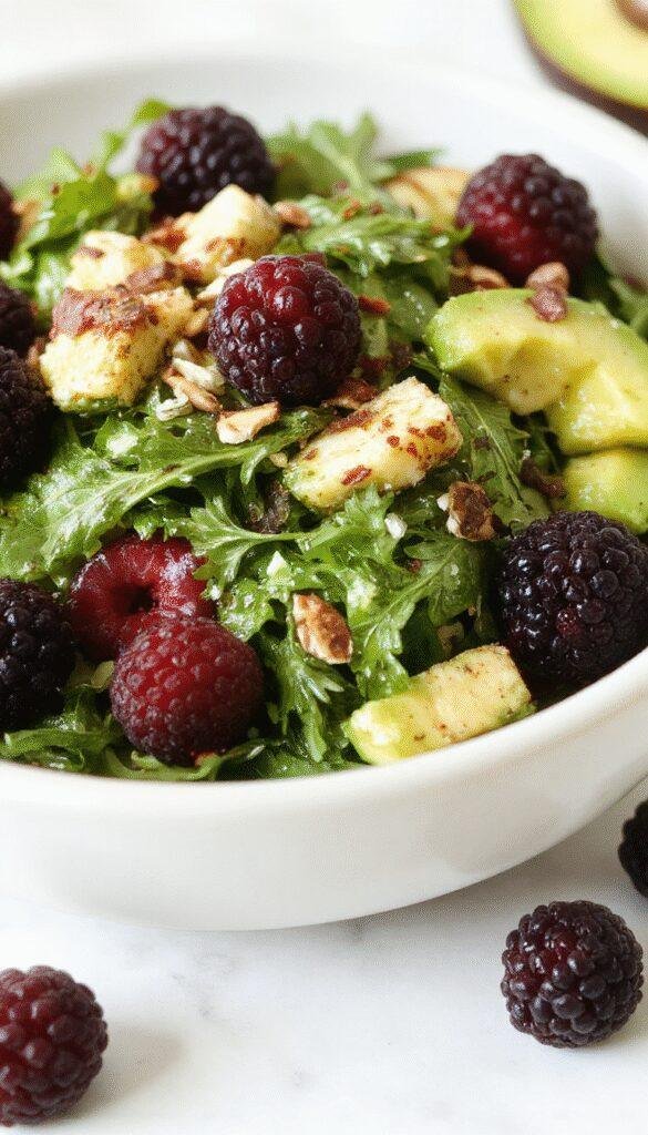 A vibrant bowl of blackberry, avocado, and arugula salad garnished with feta cheese and toasted nuts, perfect for summer enjoyment.