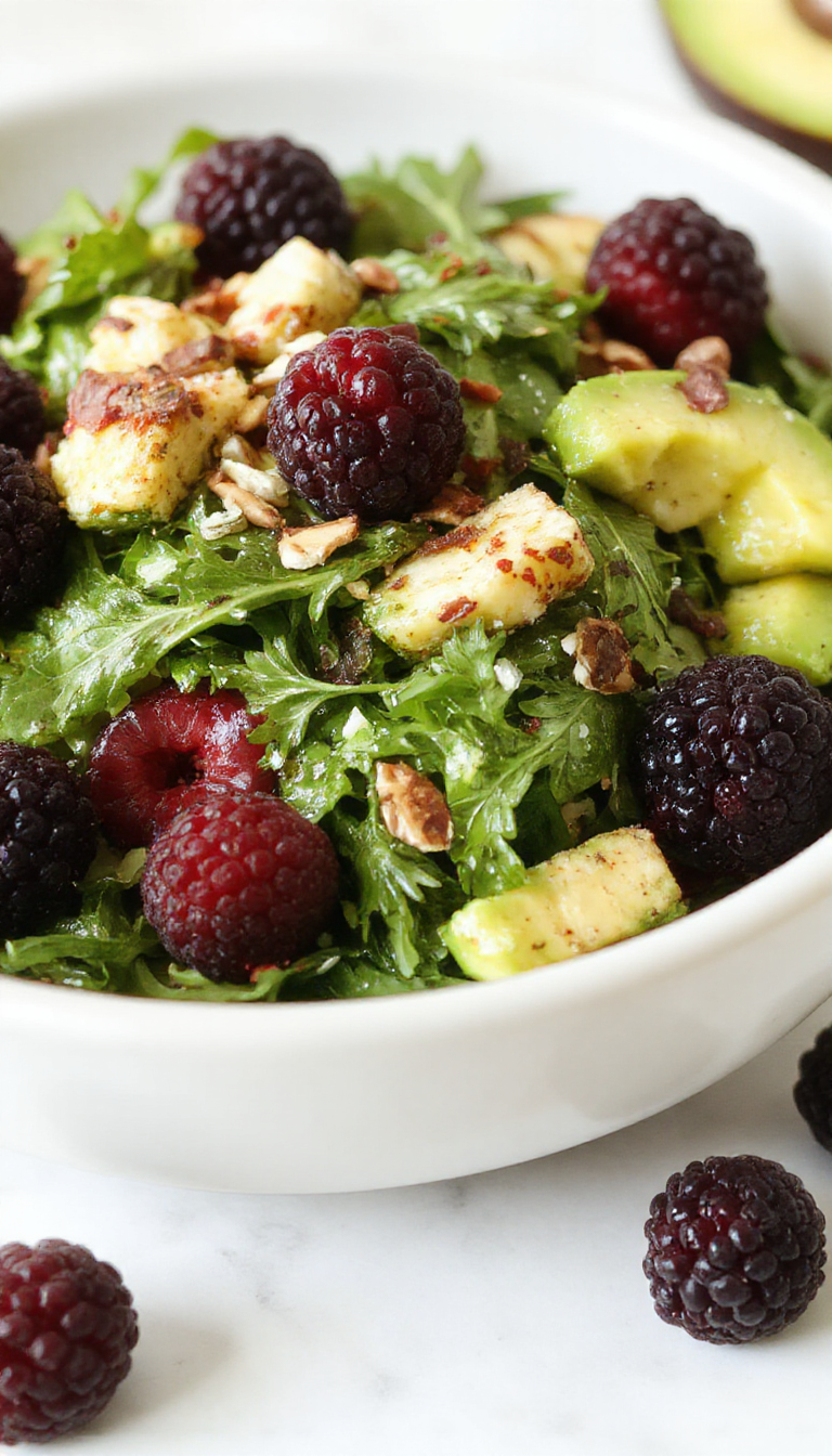 A vibrant bowl of blackberry, avocado, and arugula salad garnished with feta cheese and toasted nuts, perfect for summer enjoyment.