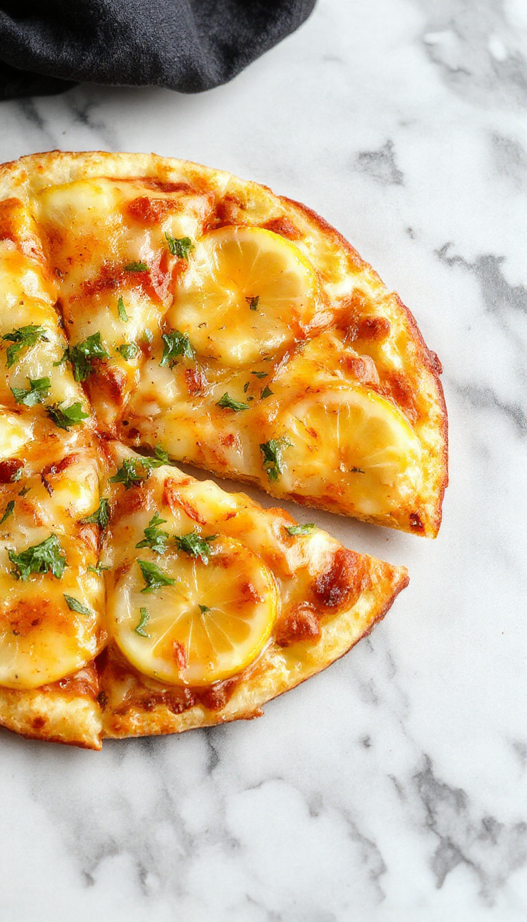A vibrant lemon pizza topped with fresh lemon slices, herbs, and a zesty crust displayed on a rustic wooden board.