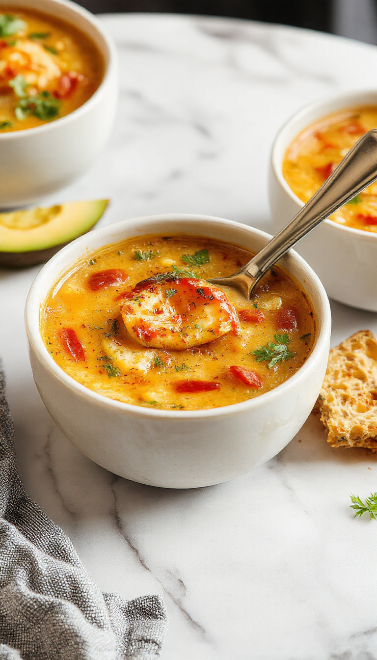 A warm bowl of Cheesy Chile Relleno Soup garnished with cilantro and melted cheese, served with tortilla chips on a rustic wooden table.