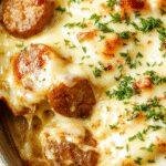 A hearty Cheesy Ranch Sausage and Potato Bake in a baking dish, topped with melted cheese and fresh herbs, ready to serve.