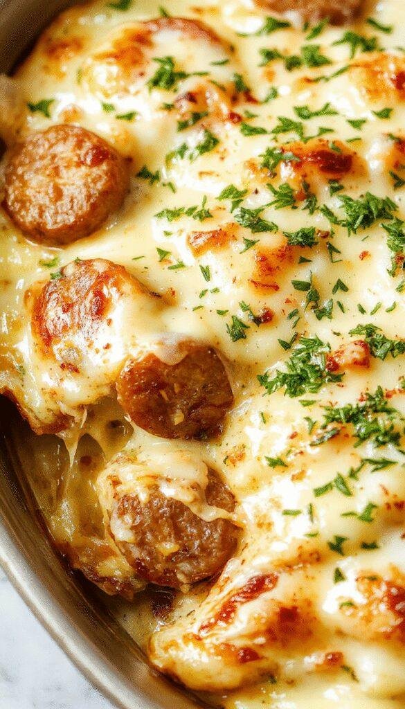 A hearty Cheesy Ranch Sausage and Potato Bake in a baking dish, topped with melted cheese and fresh herbs, ready to serve.
