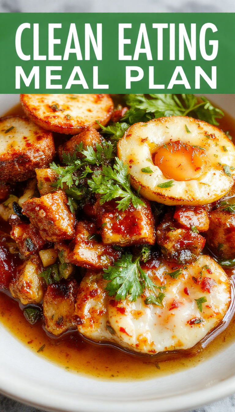 A vibrant plate featuring colorful, healthy ingredients with fresh vegetables, lean proteins, and whole grains, styled for a clean eating meal plan.