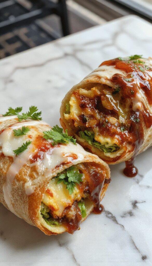 A close-up of a Breakfast Wake Up Wrap from Dunkin', filled with eggs, sausage, and cheese, on a white plate