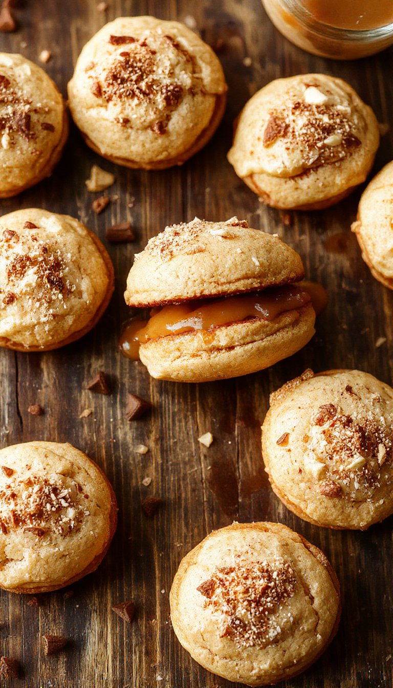 A tray of Cozy Caramel Apple Cider Whoopie Pies with swirled caramel frosting and apple slices on a rustic wooden table