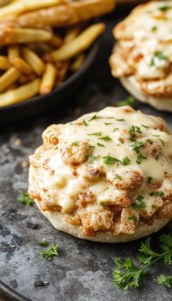 A plate of Creamy Chicken Alfredo Sloppy Joes served on a toasted bun with a side of fresh salad, showcasing a creamy, savory filling.