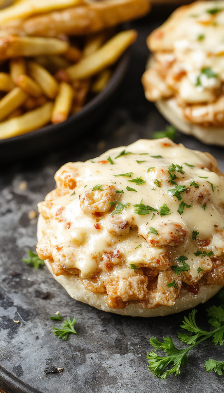 A plate of Creamy Chicken Alfredo Sloppy Joes served on a toasted bun with a side of fresh salad, showcasing a creamy, savory filling.