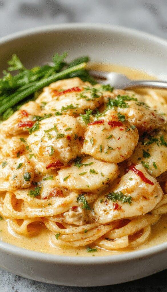 A plate of Creamy Cowboy Butter Chicken Linguine glowing with a rich, creamy sauce topped with herbs and served with a side of fresh vegetables.