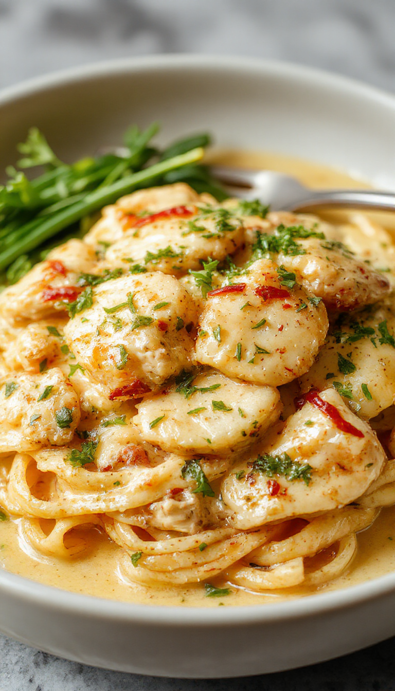 A plate of Creamy Cowboy Butter Chicken Linguine glowing with a rich, creamy sauce topped with herbs and served with a side of fresh vegetables.