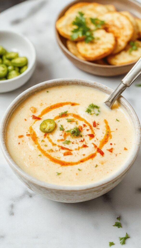 A bowl of creamy jalapeño popper soup garnished with chopped cilantro and shredded cheese, steaming hot and inviting.