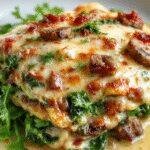 A freshly baked creamy mushroom and spinach lasagna layered with golden cheese and garnished with fresh herbs on a rustic serving plate.
