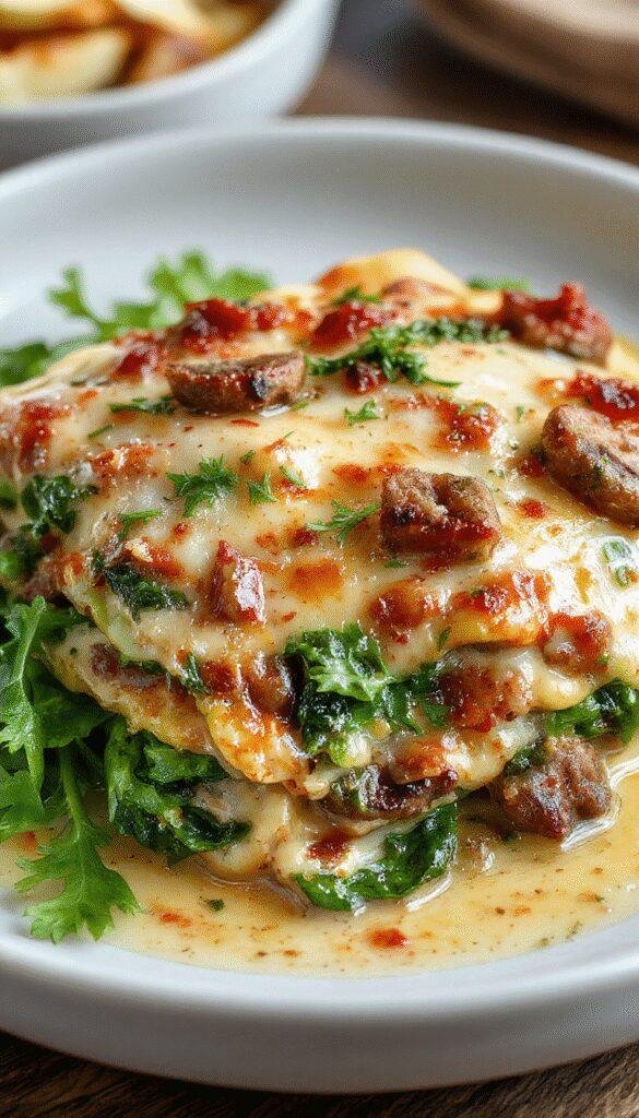 A freshly baked creamy mushroom and spinach lasagna layered with golden cheese and garnished with fresh herbs on a rustic serving plate.