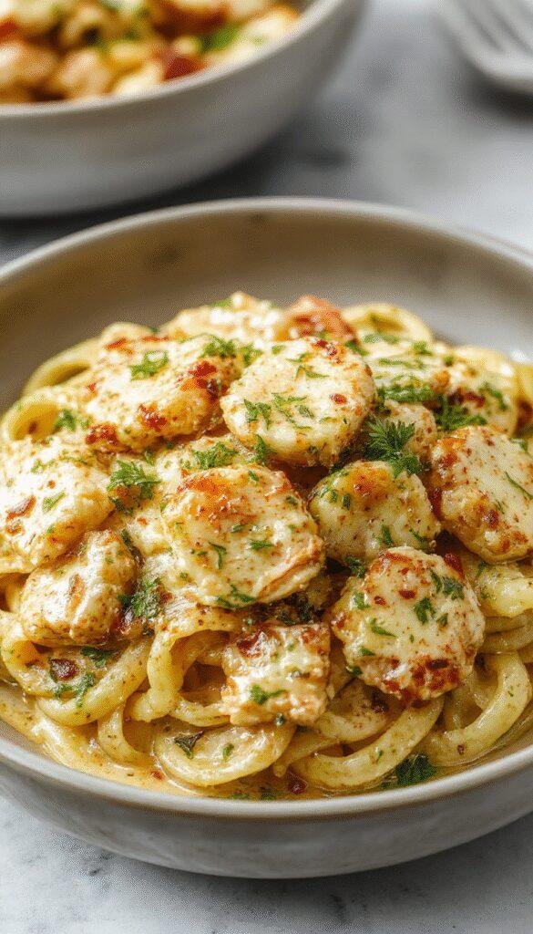 A bowl of creamy pesto chicken pasta garnished with fresh basil and cherry tomatoes, served on a white plate.