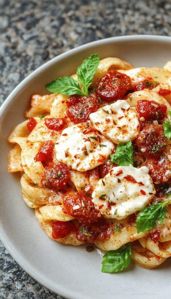A plate of creamy tomato ricotta pasta garnished with fresh basil and grated cheese, showcasing a rich and velvety sauce with noodles.