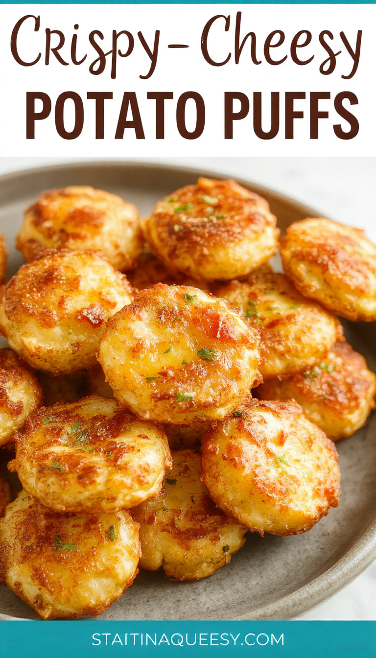Golden crispy cheesy potato puffs served on a plate with a side of dipping sauce, fresh herbs garnish.