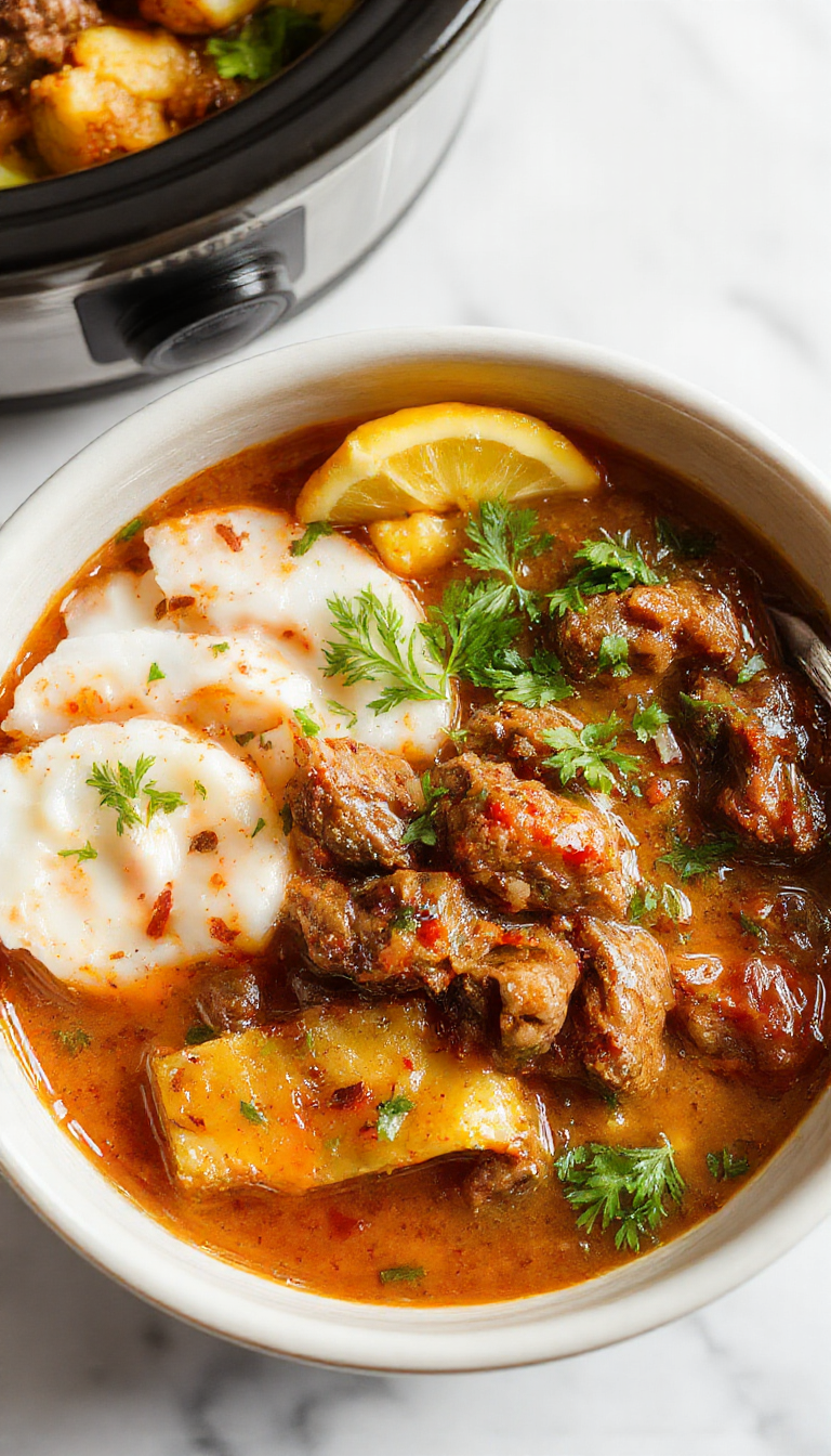 A steaming bowl of Crockpot Coconut Beef Curry garnished with fresh herbs, served alongside rice on a rustic wooden table.