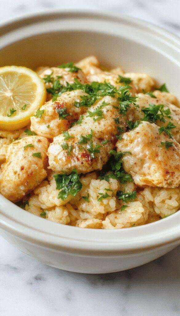 A delicious slow-cooked Lemon Herb Chicken served over fluffy rice, garnished with fresh herbs and lemon slices in a rustic crockpot