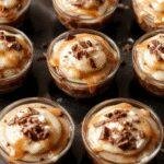 A close-up of whipped chocolate mousse in glass cups topped with caramel drizzle and sea salt, garnished with chocolate shavings.