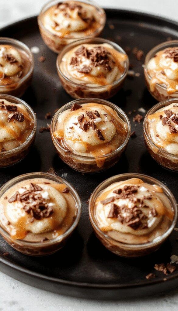 A close-up of whipped chocolate mousse in glass cups topped with caramel drizzle and sea salt, garnished with chocolate shavings.