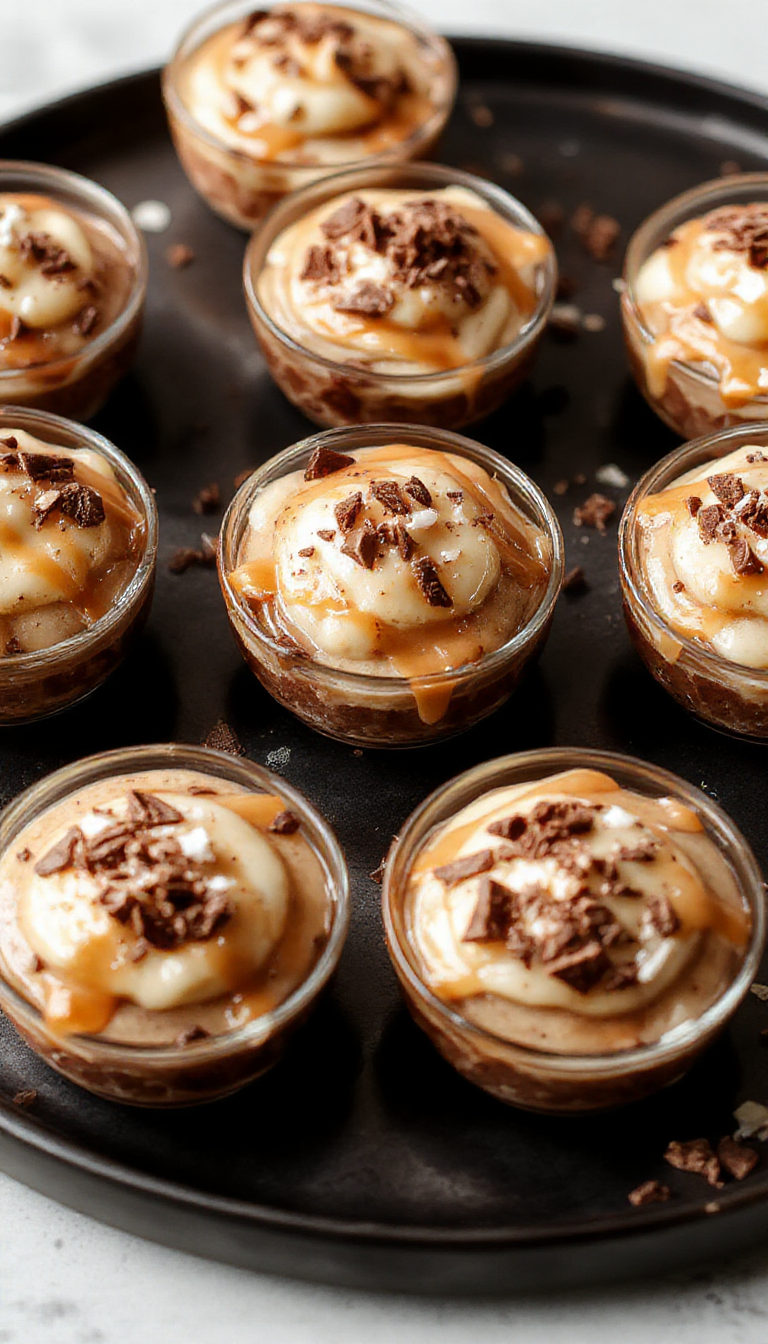 A close-up of whipped chocolate mousse in glass cups topped with caramel drizzle and sea salt, garnished with chocolate shavings.
