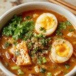 A steaming bowl of vegan saucy ramen garnished with scallions, mushrooms, and soft tofu on a rustic wooden table.
