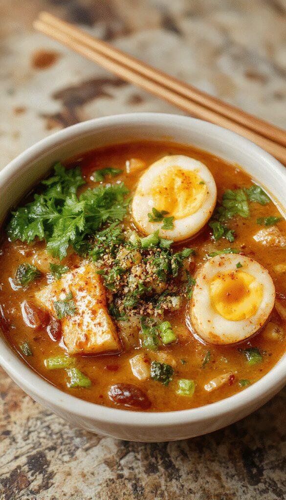 A steaming bowl of vegan saucy ramen garnished with scallions, mushrooms, and soft tofu on a rustic wooden table.