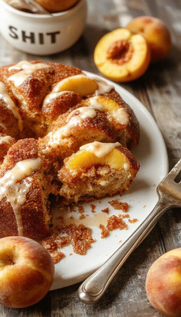 A slice of Delightful Brown Sugar Peach Cake showing its moist layers, topped with fresh peach slices and a dusting of brown sugar.