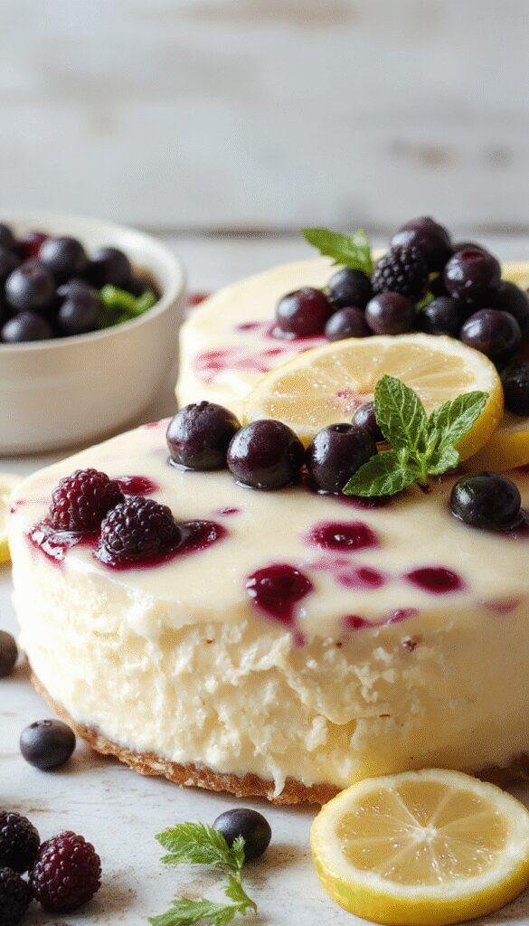 A slice of Dreamy Lemon Blueberry Mousse Cake showcasing layers of fluffy mousse, vibrant blueberries, and lemon zest topped with fresh berries and mint.