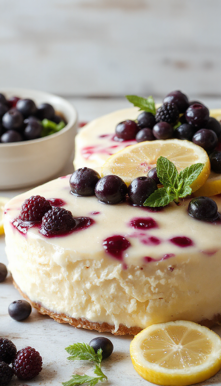 A slice of Dreamy Lemon Blueberry Mousse Cake showcasing layers of fluffy mousse, vibrant blueberries, and lemon zest topped with fresh berries and mint.