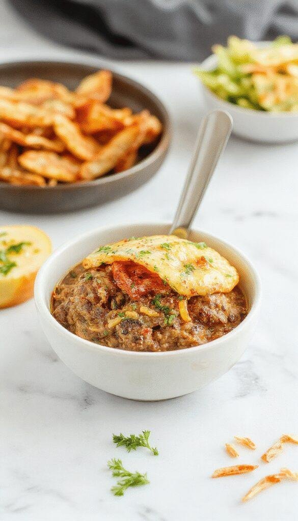 A colorful bowl filled with seasoned ground beef, fresh lettuce, tomatoes, cheese, and toppings for an easy burger in a bowl
