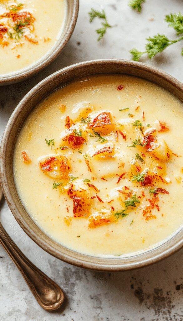 A steaming bowl of creamy cheesy potato soup topped with chopped chives and melted cheese, perfect for a comforting meal.
