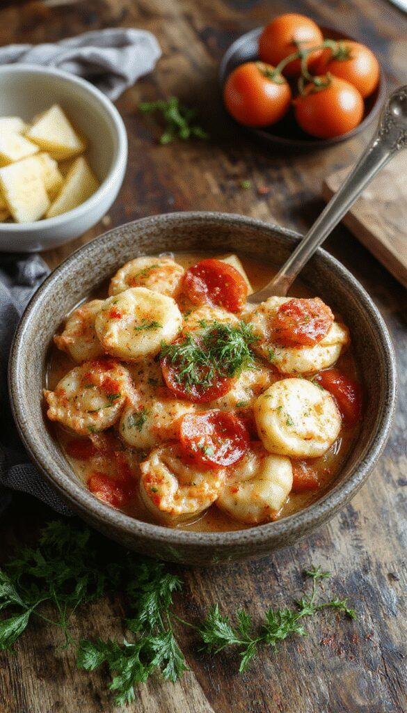 A bowl of creamy tomato tortellini garnished with fresh basil and grated cheese, served on a white plate with a fork.